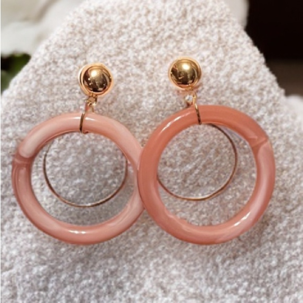 Rose Pink Gold Tone Acrylic Hoop Drop Earrings
